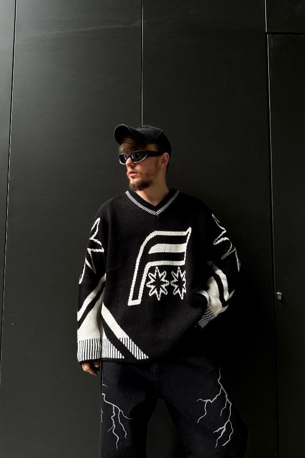 Loose Knit Sweater with F Pattern - 88PM Clothing