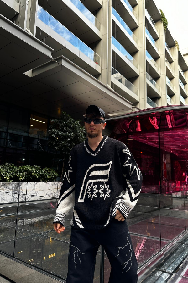 Loose Knit Sweater with F Pattern - 88PM Clothing