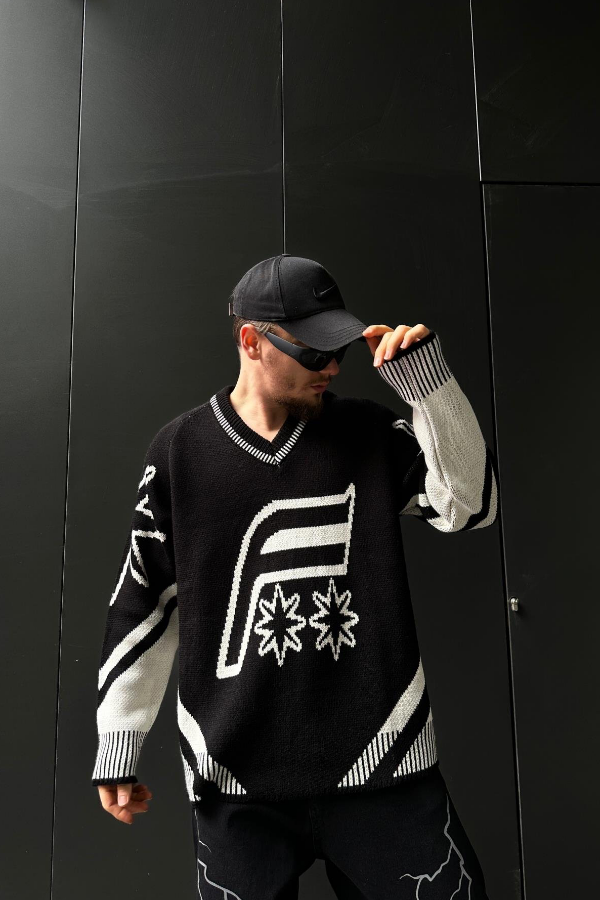 Loose Knit Sweater with F Pattern - 88PM Clothing