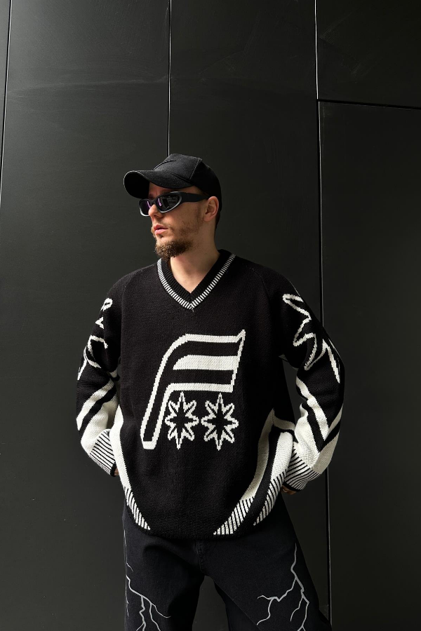 Loose Knit Sweater with F Pattern - 88PM Clothing